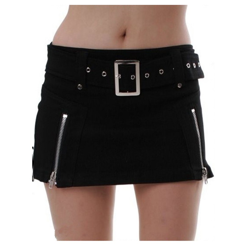 Women Black Satin Victoria Skirt Sexy Goth With Zipper And Belt Short
